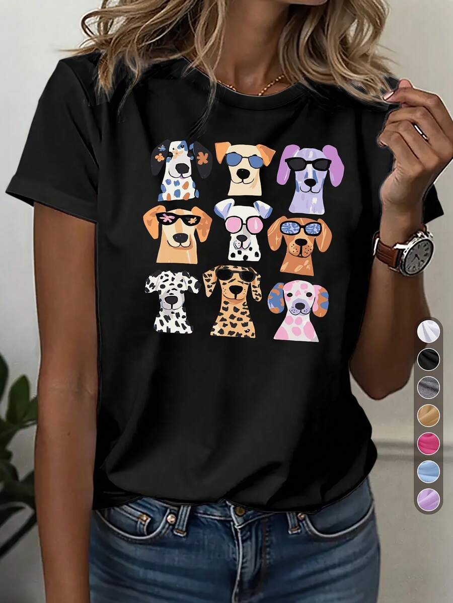 Women's Casual Sports T-Shirt, Round Neck Style, With Cartoon Dogs Wearing Glasses, Colorful Glasses Design, Knotted Hem, Suitable For Women, Perfect For Casual Daily Wear, Fun Pet Theme, Comfortable Top For All Seasons - 黑色 - 查看 1
