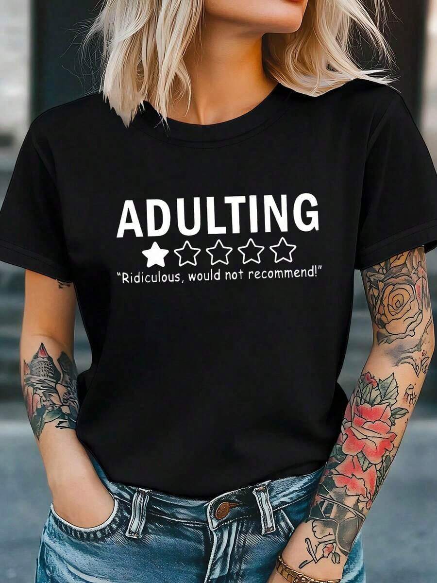 100% Cotton ADULTING Letter Print T-Shirt, Short Sleeve, Round Neck, Casual Top For Summer And Spring, Women's Clothing. Women's Simple Solid Color T-Shirt, Loose And Slim Fit Casual Short Sleeve - 黑色 - 查看 1