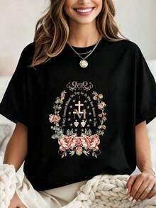 2026 New Cotton Shirt 100% Cotton Religious T-Shirt Of The Virgin Mary Marian Symbol With Floral Cross, Graphic Tee For Women, Crop Tops, Sets, Tops, T-Shirt Women's Simple Solid Color-Shirt, Loose And Casual Short Sleeve - 黑色 - 查看 1