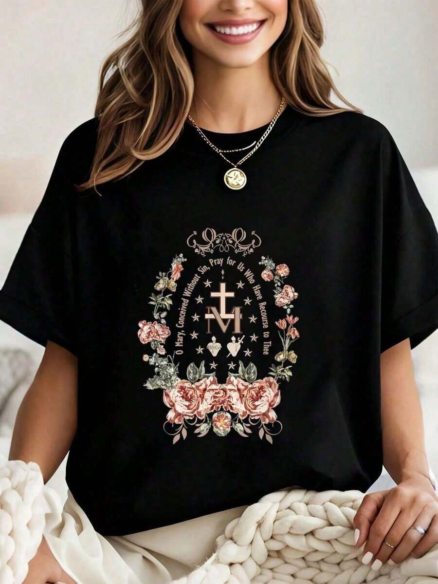 2026 New Cotton Shirt 100% Cotton Religious T-Shirt Of The Virgin Mary Marian Symbol With Floral Cross, Graphic Tee For Women, Crop Tops, Sets, Tops, T-Shirt Women's Simple Solid Color-Shirt, Loose And Casual Short Sleeve - 黑色 - 查看 1