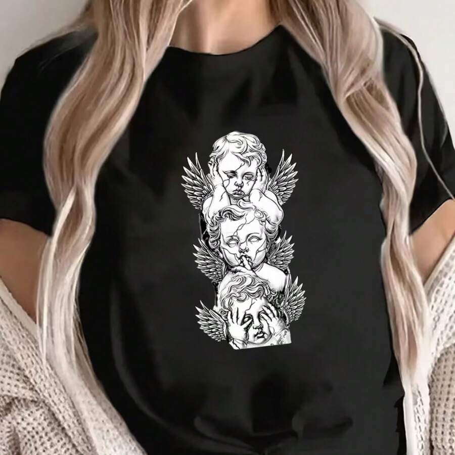 Printed T-Shirt For Men And Women - 黑色 - 查看 1