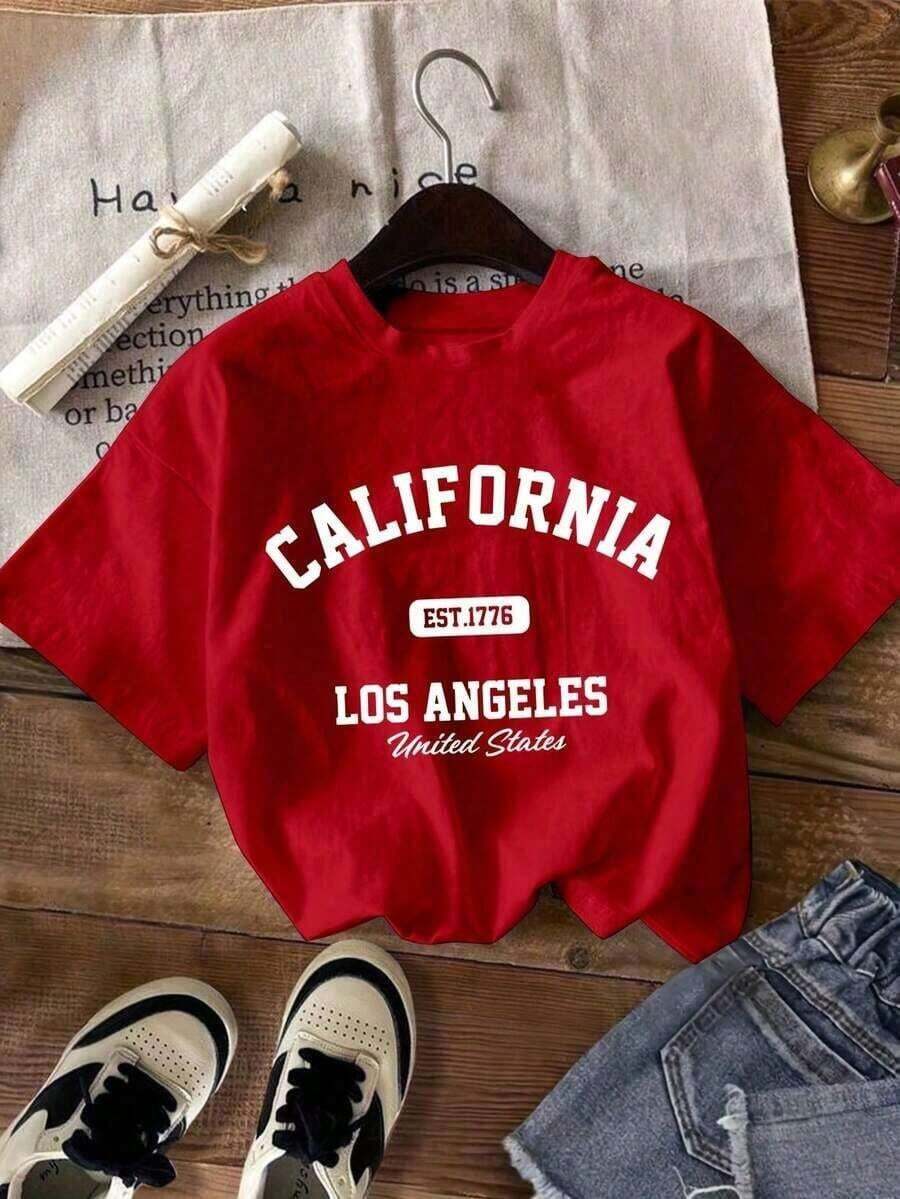 Women's Blouses, T-Shirt, Round Neck, Short Sleeve, Graphic Print, City Names, CALIFORNIA Los Angeles United States, Round Neck, Short Sleeve, Spring/Summer, Everyday Wear, Women's Graphic T-Shirts, Summer 2026, Oversize, - 紅色的 - 查看 1