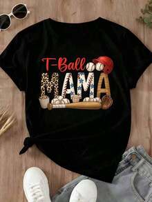 Women's Blouses TBall Mama Women's Baseball T-Shirt, Stars And Leopard Stripes Design, Baseball Graphic Print, Bat And Balls, Casual Top 100% Cotton. - 黑色 - 查看 4