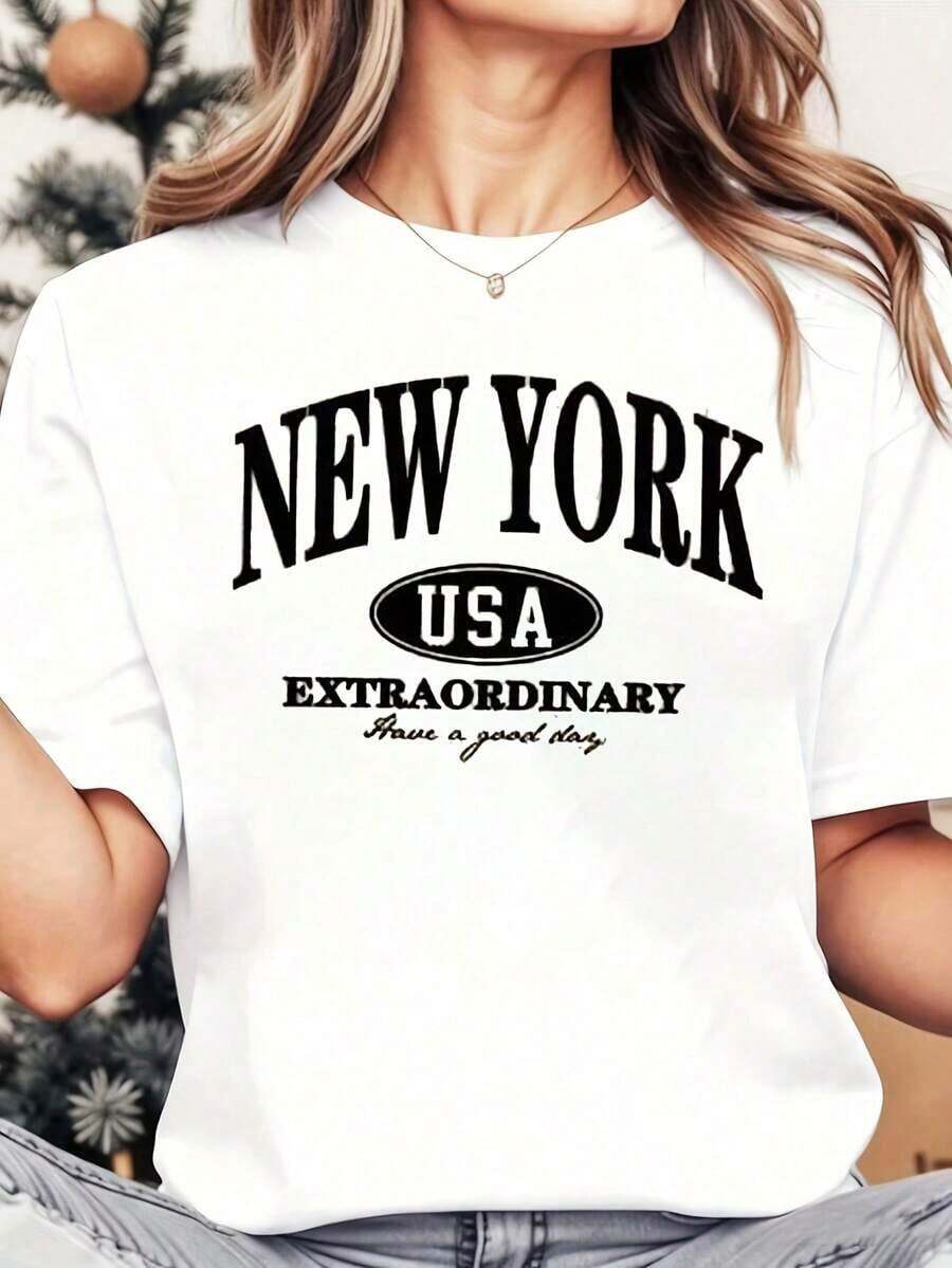 TrendyWomen Round Neck T-Shirt With "New York USA Extraordinary Have A Good Day" Print, Short Sleeve, Casual Style For Daily Use, Travel And Vacation. - 白色 - 查看 1