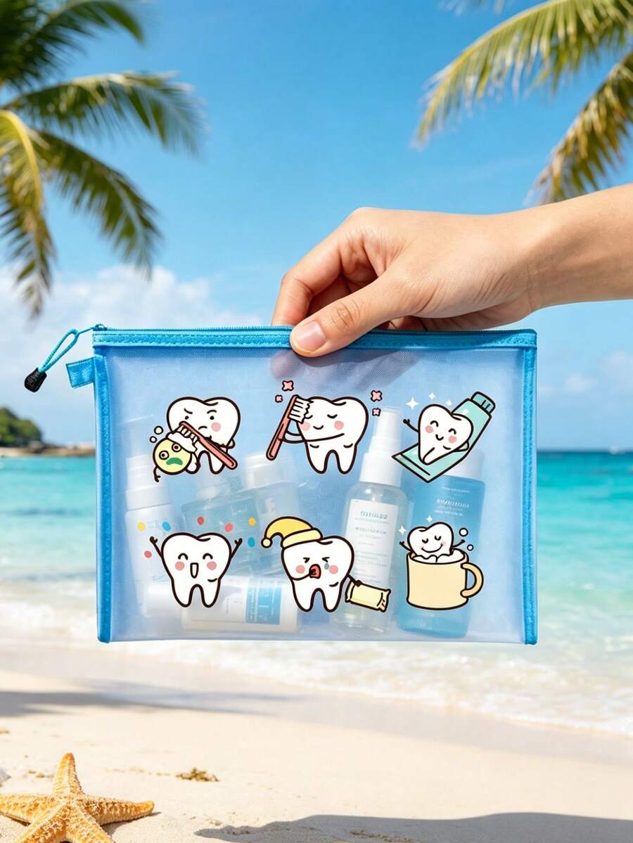 Summer Beach Mesh Bag Printed With Three Cute Teeth (Teeth Brushing Their Teeth), Multi-Functional Travel Toiletry Bag, Daily Skincare Bag, Cosmetic Storage Bag, Vacation Swimwear Storage, Dormitory Supplies. Suitable For Holidays, Bathrooms, School, Bedrooms, Hotels, Parties. Suitable Birthday Gift, Travel Souvenir, Graduation Gift, Teacher's Day Gift, Back-To-School Gift - Multicolor - View 1
