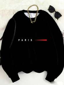 MSUCC|Women's Basic T-Shirt With Round Neck, Print, American Style, Modern And Youthful Design, Suitable For All Seasons And Everyday Wear, With Soft Fabric|Women's Black Sweatshirt With Paris Print - 黑色 - 查看 1
