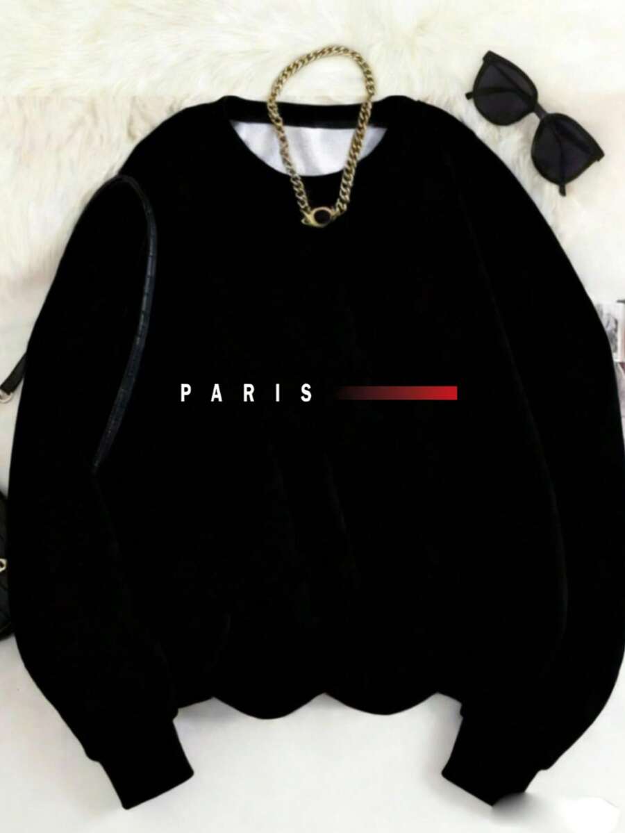 MSUCC|Women's Basic T-Shirt With Round Neck, Print, American Style, Modern And Youthful Design, Suitable For All Seasons And Everyday Wear, With Soft Fabric|Women's Black Sweatshirt With Paris Print - 黑色 - 查看 1