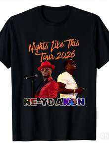 New 2026 Solid Color T-Shirt, Modern 2026 Cut, Ne-Yo & A-Kon 2026 Concert Tour Graphic T-Shirt, Concert Inspired Print Casual Top, Regular Fit, Music Fan Clothing, High Quality, Best Gift For Men And Women. - 黑色 - 查看 1