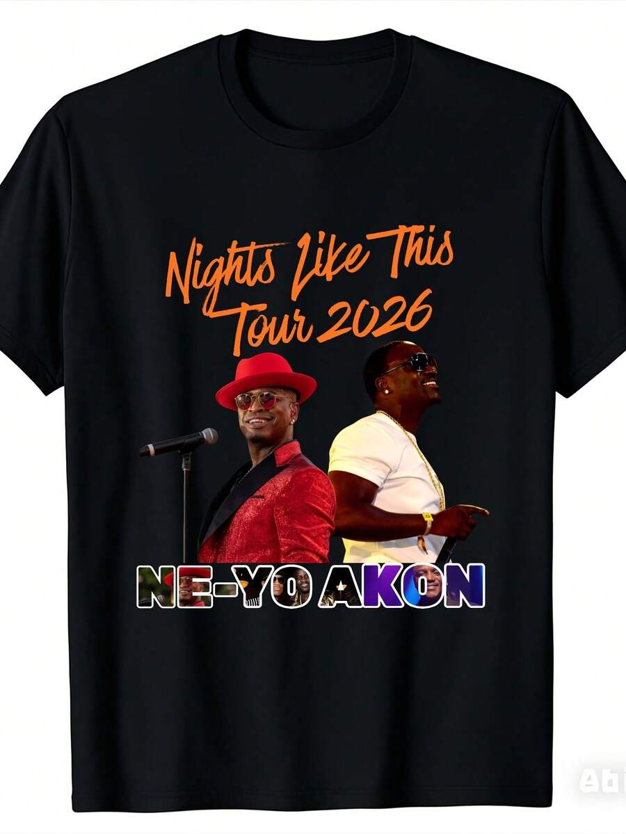New 2026 Solid Color T-Shirt, Modern 2026 Cut, Ne-Yo & A-Kon 2026 Concert Tour Graphic T-Shirt, Concert Inspired Print Casual Top, Regular Fit, Music Fan Clothing, High Quality, Best Gift For Men And Women. - 黑色 - 查看 1