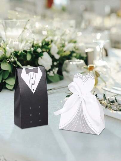 50pcs-Western Style Wedding Candy Boxes, Western-Style Wedding Favor Box For Bridal Gown Ceremony, Wedding Dress & Tailcoat Theme Candy Box With Ribbon, Popular For Bridal Shower, Wedding Reception,Bride & Groom Wedding Favor Boxes With Ribbons, Foldable Chocolate Gift Boxes, Creative Classic Wedding Party Candy Boxes, Elegant Tabletop Centerpiece Decor, Bridal Shower Dessert Table Decorations