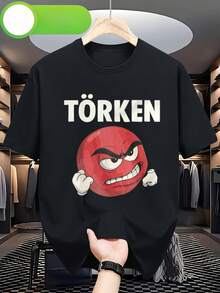 This Casual Short-Sleeved Shirt Features A Fun Turkish Terrier Theme, With A Black And Red Cartoon Print Of An Angry Face And TORKEN Lettering. Suitable For All Ages, Unisex, And A Collector's Item. Loose And Comfortable. - Back - View 1