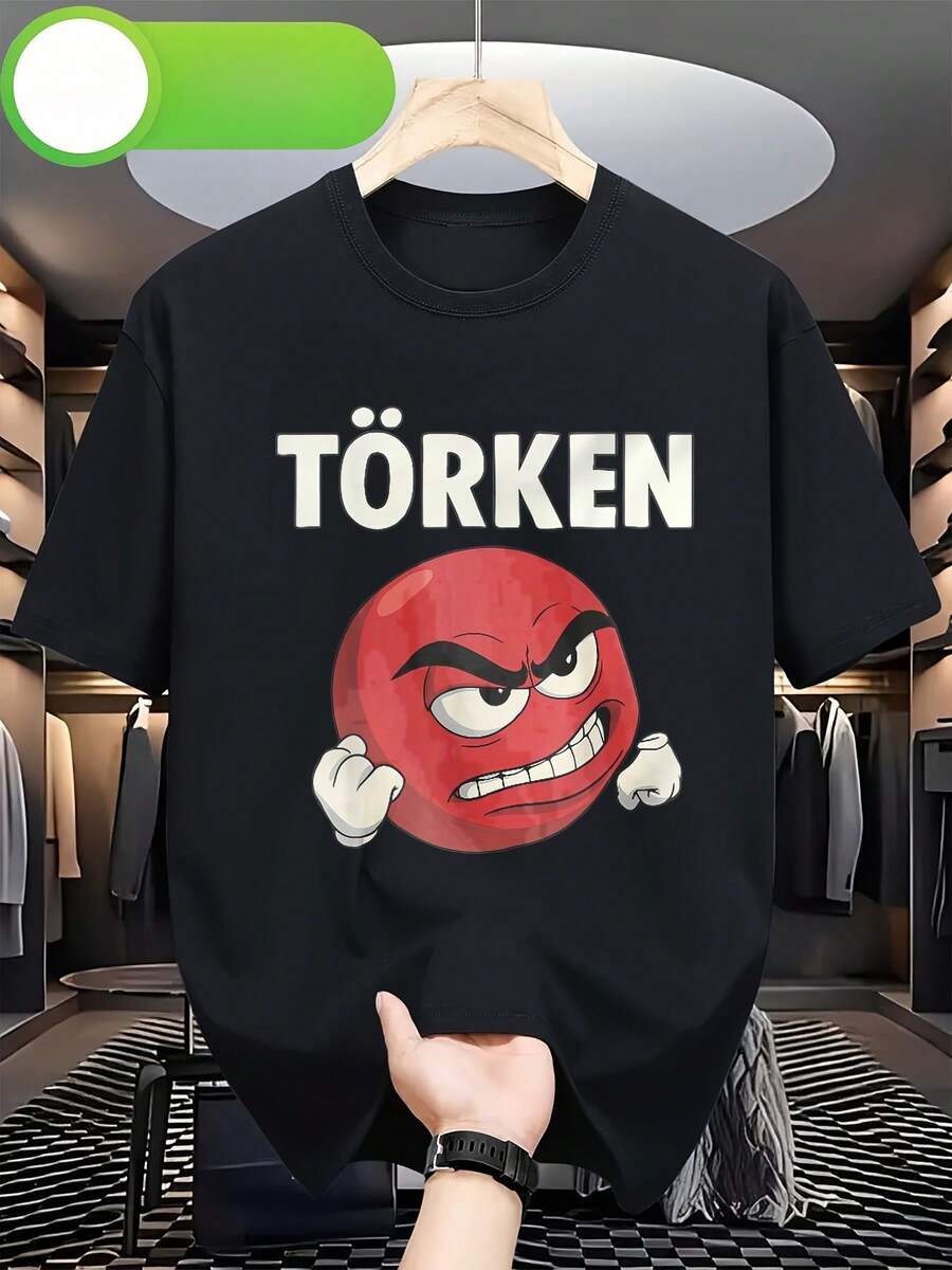 This Casual Short-Sleeved Shirt Features A Fun Turkish Terrier Theme, With A Black And Red Cartoon Print Of An Angry Face And TORKEN Lettering. Suitable For All Ages, Unisex, And A Collector's Item. Loose And Comfortable. - Back - View 1