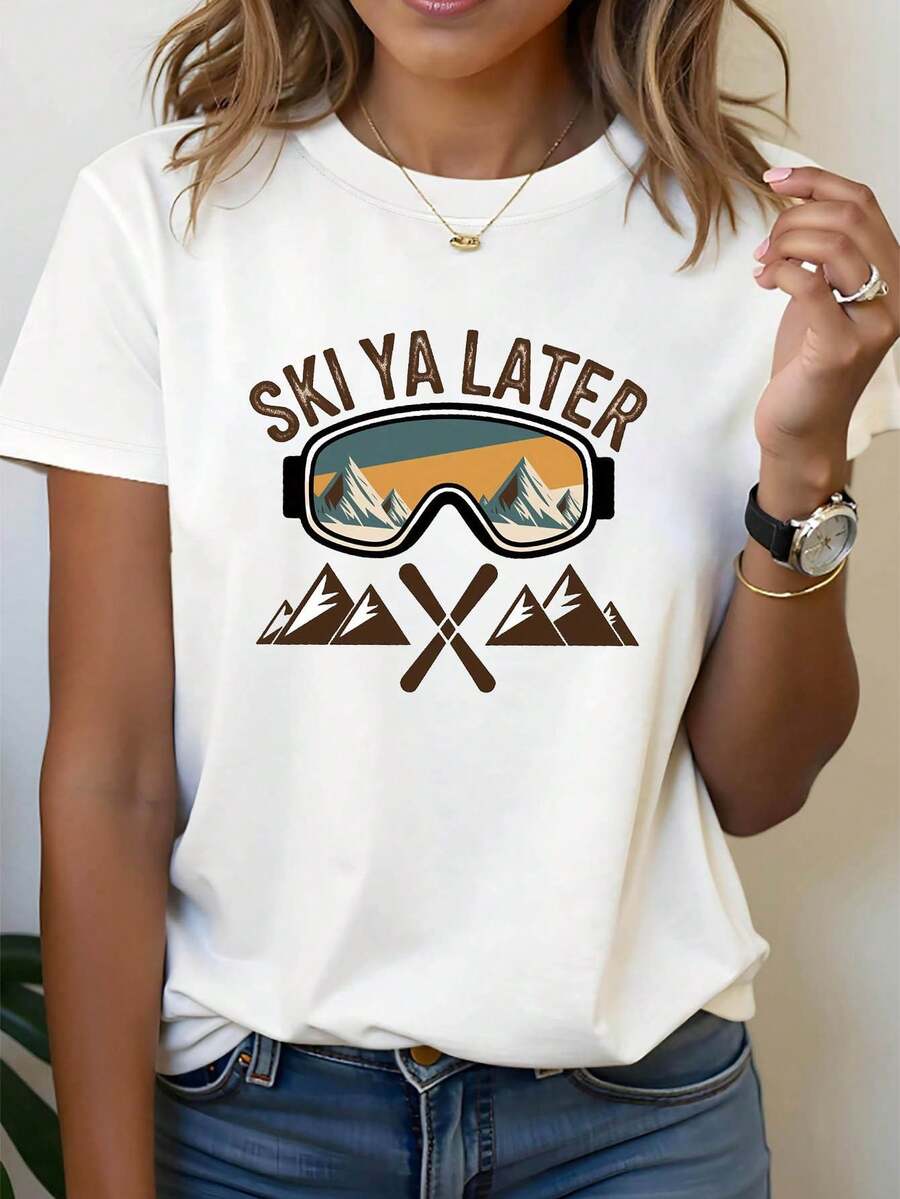 Limited Time Offer, Limited Quantities, Flash ! Women's Casual Shirts, Women's Polyester T-Shirts, Stylish Shirts. Women's Short-Sleeve Crew Neck T-Shirt With Retro "Ski Ya Later" Ski Goggle Print For Spring And Summer, Perfect For Casual Outings, Holiday Gifts, Get-Togethers With Friends, Music Parties, And Vacation Outfits - 白色 - 查看 1