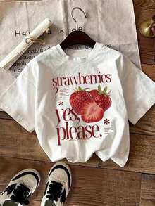 Women's Casual Short Sleeve Camisole - Strawberry Print And Yes Please Design, Round Neck, Relaxed Fit In Light Pink, Soft And Breathable Fabric, Fun Summer Top, Playful Style, No Removable Padding, Graphic Fashion, Comfortable Material, Suitable As A Gift. Women's T-Shirt. Blouses>Elegant. Boho Chic, Soft, Breathable And Comfortable Women's Top, Ideal For Spring, Summer And Autumn, Perfect For Vacations, Travel And Everyday Wear. - 白色的 - 查看 1