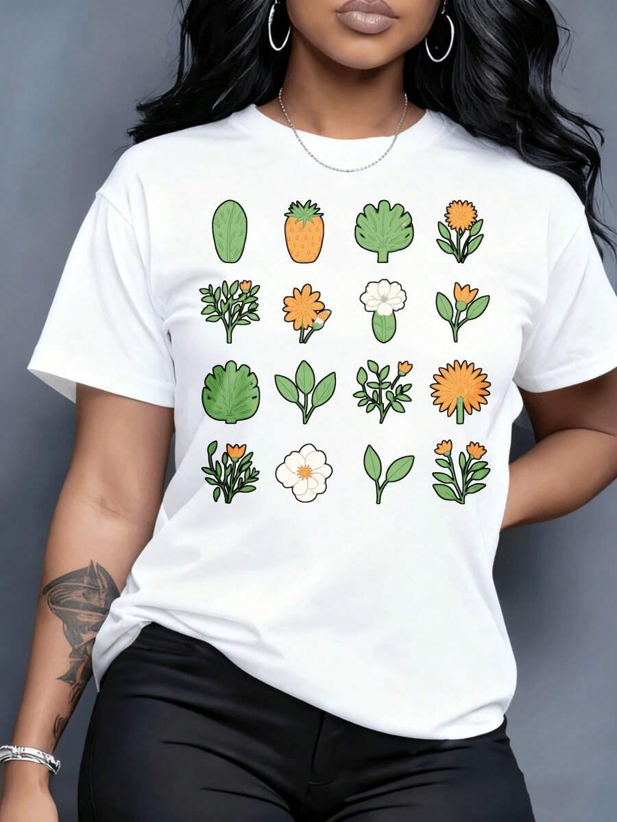 Camiseta de manga corta para mujer Arte Mexicano y camiseta blanca con estampado floral de plantas para ocio al aire libre y hogar, diseño inspirado en la naturaleza, ropa de calle unisex, moda, regalo para fiestas y vacaciones, camiseta de algodón para familia coordinada. - Blanco - Ver 1