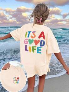 Women's Short-Sleeved T-Shirt With A Round Neck And Colorful Slogan Print, A New Summer Style Suitable For Everyday Wear. Vacation Graphic T-Shirt For Women, White Top For Women - 杏色 - 查看 3