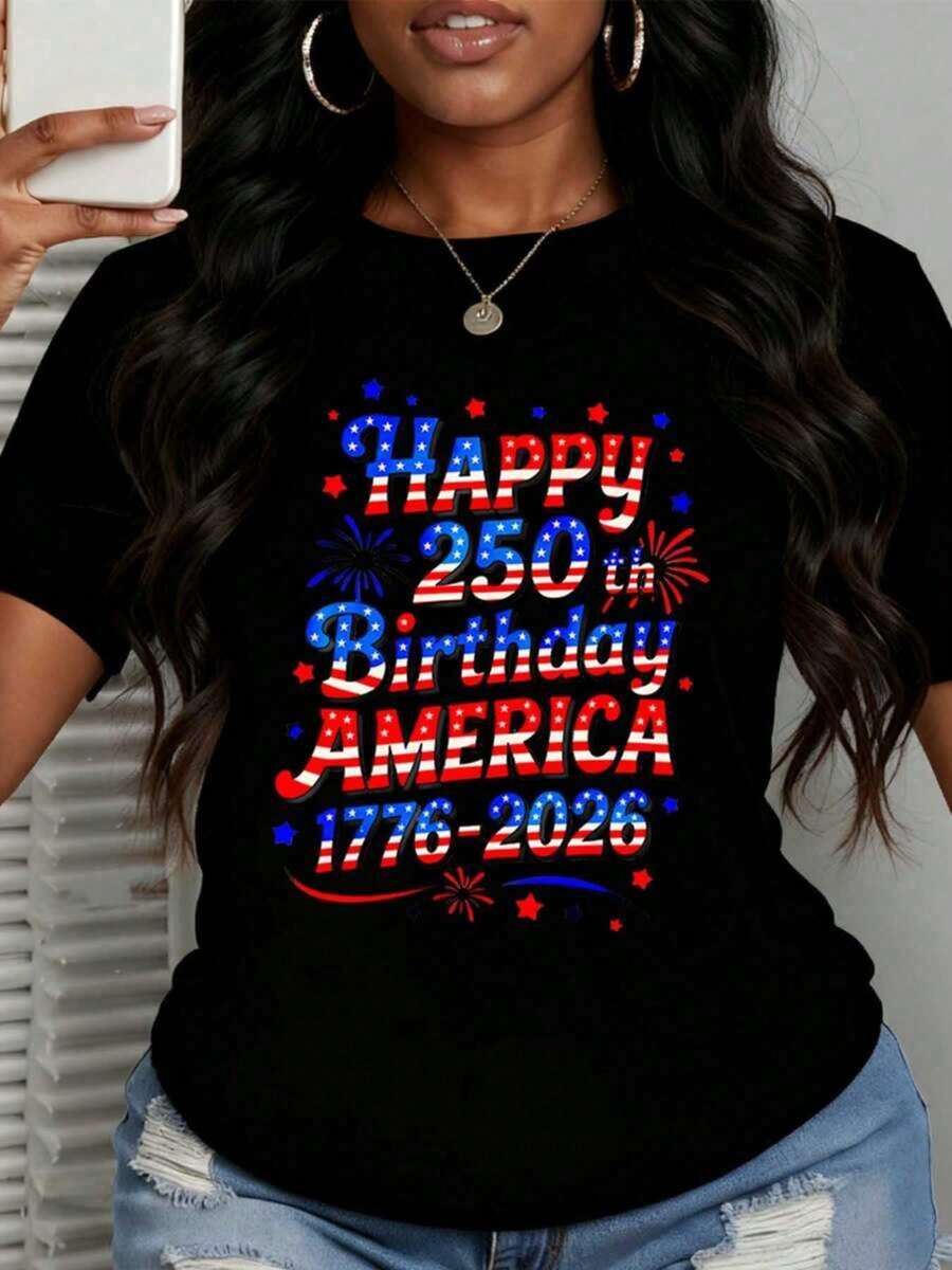 Plus-Size Women's Clothing. Patriotic Sparkle And Fireworks Print T-Shirt For The 250th Anniversary Of The United States Independence Day (1776-2026). Versatile Crew Neck Top, Soft And Casual. Recommended Gift For Independence Day Celebrations. - 黑色 - 查看 1