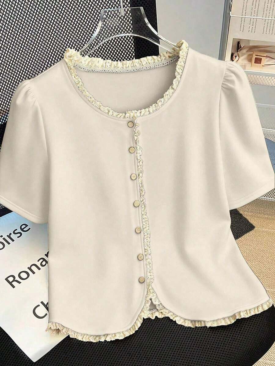 2026 Everyssa Camiseta de mujer con elegante acabado de encaje en contraste de colores, para verano - Beis - Ver 1