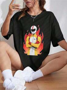 Black 100% Cotton T-Shirt With Racing Driver And Flame Print, Oversized Casual Short Sleeve T-Shirt For Women, Urban Biker Sport Streetwear, Soft And Breathable Top For Daily Wear And Outings, Plus Size Available, Boho Chic - 黑色 - 查看 1