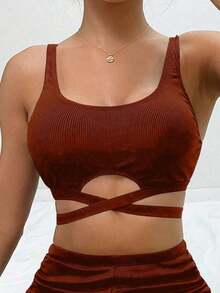 Swim Basics Conjunto de bikini sexy de un solo color con diseño de cruz para mujer, ideal para playa de verano - Marrón 2 - Ver 4