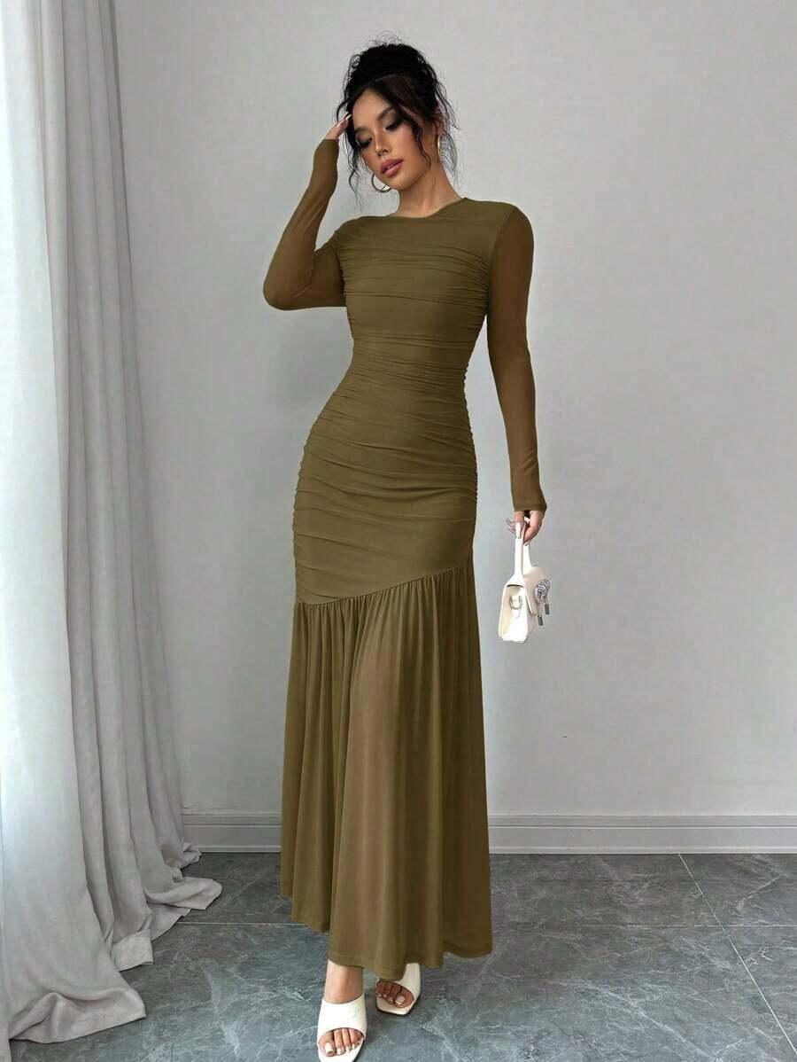 Vestido largo de manga larga con cuello redondo y malla para mujer, vestido casual de otoño.Adecuado para ropa de otoño, atuendo de regreso a clases, atuendo de maestro - Verde militar - Ver 1