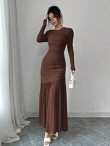 Vestido largo de manga larga con cuello redondo y malla para mujer, vestido casual de otoño.Adecuado para ropa de otoño, atuendo de regreso a clases, atuendo de maestro - Marrón Chocolate - Ver 1
