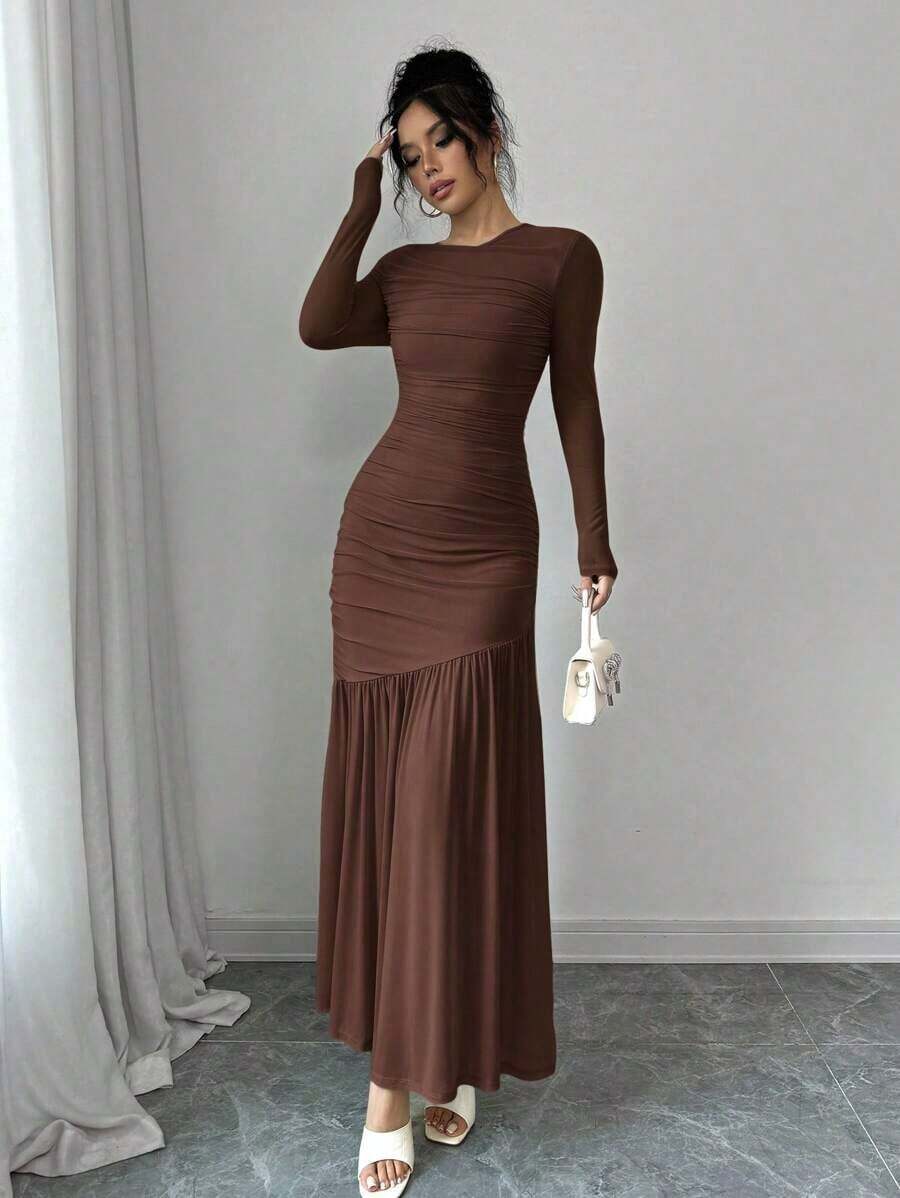Vestido largo de manga larga con cuello redondo y malla para mujer, vestido casual de otoño.Adecuado para ropa de otoño, atuendo de regreso a clases, atuendo de maestro - Marrón Chocolate - Ver 1