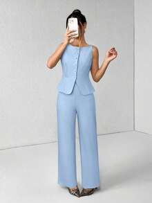 PETITE Conjunto de chaleco y pantalones de un solo pecho de unicolor con cuello redondo, elegante traje de oficina para mujer, ropa de mujer de verano y otoño, conjunto de oficina, ropa casual de negocios, conjunto de dos piezas, ropa de oficina de otoño para mujer, conjunto de blazers para mujer - Celeste - Ver 1