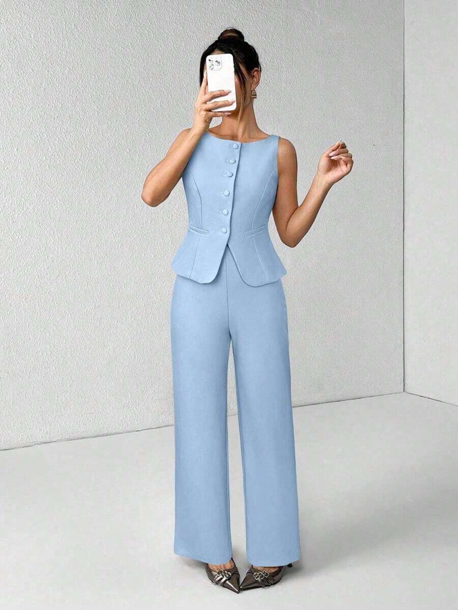 PETITE Conjunto de chaleco y pantalones de un solo pecho de unicolor con cuello redondo, elegante traje de oficina para mujer, ropa de mujer de verano y otoño, conjunto de oficina, ropa casual de negocios, conjunto de dos piezas, ropa de oficina de otoño para mujer, conjunto de blazers para mujer - Celeste - Ver 1