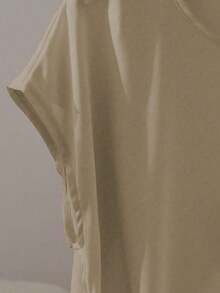 Blusa elegante de manga corta, cuello redondo, con volantes y lazo, color caqui, para primavera/verano - Caqui - Ver 7