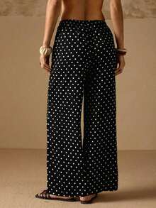 Pantalones anchos de verano para mujer con cintura anudada y unicolor - Negro - Ver 2