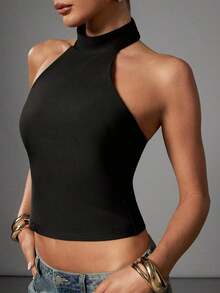 Top de tirantes ajustado y corto de color liso casual para mujer - Negro - Ver 4