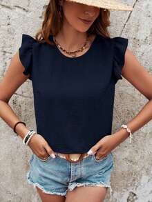 Blusa de verano para mujer con volantes y tirantes cruzados en la espalda de un solo color - Azul marino - Ver 4