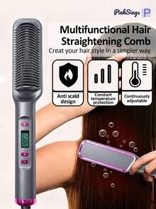 PinkSings Straightening Brush, Built-In Comb Straightening Iron, 4 Temperature Settings And LED Display, Anti-Scald Safety Auto Shut-Off, Perfect For Fine Hair, Excellent Gift Choice - Grey - View 4