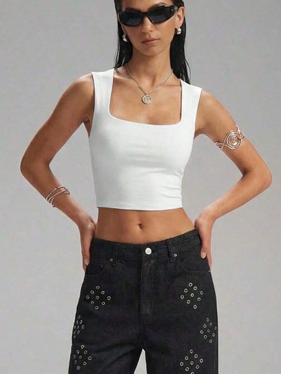 Top corto ajustado de cuello cuadrado de unicolor, versátil y minimalista para uso casual y de oficina para mujeres en verano - Blanco - Ver 1