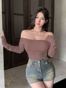 Camiseta ajustada para mujer con hombros descubiertos, con encaje y lazo de contraste, manga larga, top con hombros descubiertos - Rosa - Ver 4