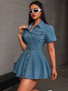 Vestido corto de mezclilla casual con botones para mujer, manga corta y cierre frontal con botones - Azul lavado oscuro - Ver 3
