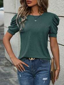 Selamara Camiseta casual de verano para mujer, de unicolor, cuello redondo y manga abullonada - Verde Oscuro - Ver 3