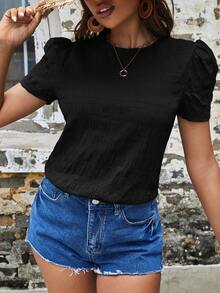 Blusa de manga corta con textura sólida y mangas tipo farol  VCAY - Negro - Ver 6