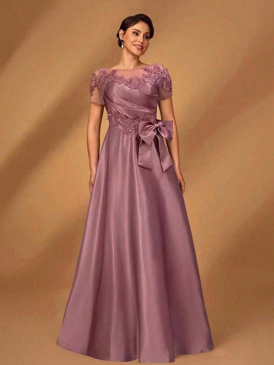 Elegante y lujoso vestido romántico con parches de malla, satén plisado, cuentas y apliques de lentejuelas, manga corta, lazo y dobladillo en línea A, adecuado para fiesta de noche, citas, vacaciones, baile, festival de música, boda, madre de la nov - Rosa vieja - Ver 1