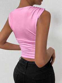 Top ajustado de mujer con cuello redondo y plisado en unicolor - Rosa - Ver 2