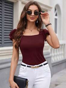 Camiseta casual de mujer de verano con cuello cuadrado, manga corta con volantes y unicolor - Rosa Roja - Ver 4