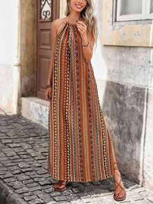 Vestido con estampado, corte con abertura alta, espalda descubierta, atar al cuello y flecos para mujer, vacaciones - Naranja - Ver 4