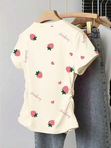 Camiseta de mujer con estampado de fresa, cintura fruncida, dulce y de moda, adecuada para uso al aire de vacaciones en verano - Multicolor 4 - Ver 2