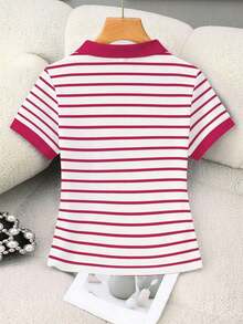 Polo corto de mujer con estampado a rayas ecuestre, cuello a contraste - Multicolor 5 - Ver 2