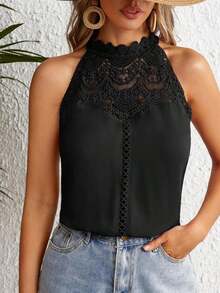 Clasi Blusa con panel de encaje guipur, diseño de escote con abertura en la espalda, sin mangas - Negro - Ver 1