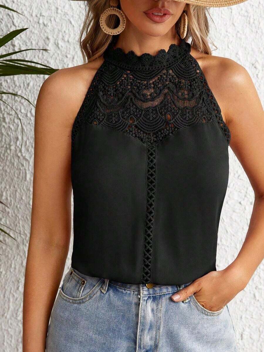 Clasi Blusa con panel de encaje guipur, diseño de escote con abertura en la espalda, sin mangas - Negro - Ver 1