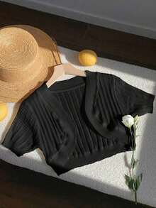 Cárdigan de punto de manga corta casual de verano en unicolor - Negro - Ver 6