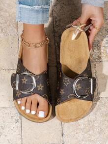 Women's Large Round Buckle Non-Slip Round Toe Flat Sandals, Brown Slippers Suitable For Summer Vacation And Daily Wear,Beach Sandals - Brown - View 4