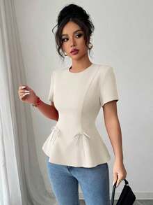 Blusa casual de primavera y verano, elegante, de estilo francés, de unicolor, con cuello redondo, corte evasé, manga corta, con cintura ceñida, detalle de lazo y cremallera posterior - Albaricoque - Ver 5